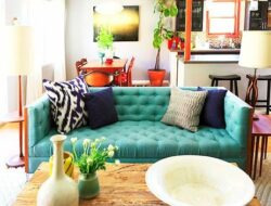 Living Room With Turquoise Sofa