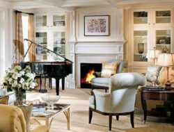 Living Room With Piano And Fireplace